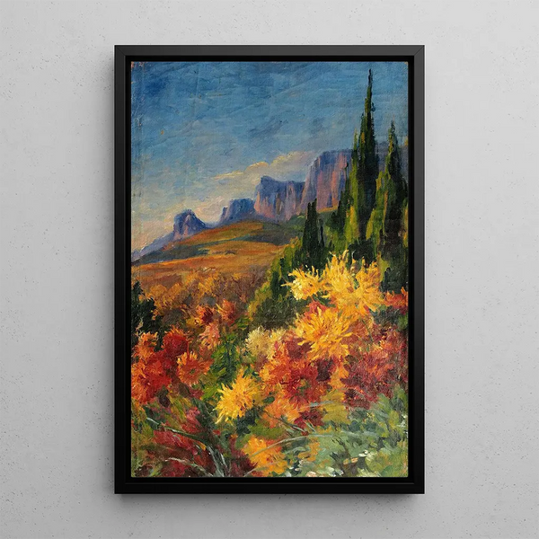 Landscape with Chrysanthemums - Lilly Walther — framed artwork on a wall