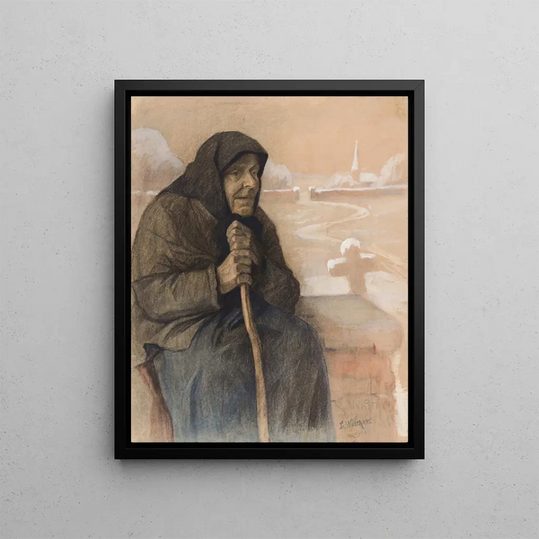 Old woman with a stick - Lilly Walther — framed artwork on a wall