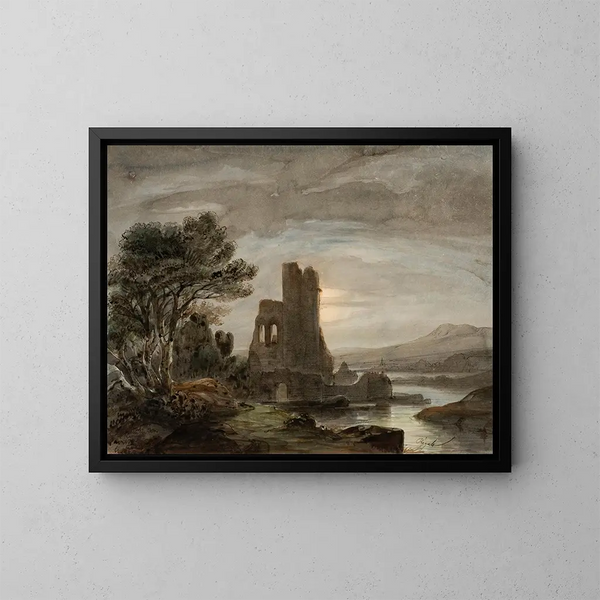 Night landscape painting with a ruined monastery - Lluís Rigalt — framed artwork on a wall