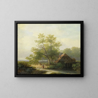 A watermill in a wooded landscape - Lodewijk Hendrik Arends — framed artwork on a wall