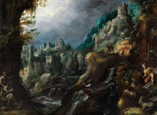 Mountain landscape painting with a turbulent river, classical ruins, and shepherds - Lodewijk Toeput — artwork view