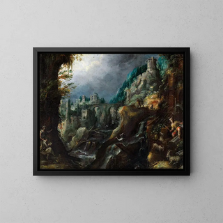Mountain landscape painting with a turbulent river, classical ruins, and shepherds - Lodewijk Toeput — framed artwork on a wall