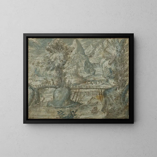 Landscape painting with a bridge over the river - Lodewijk Toeput — framed artwork on a wall