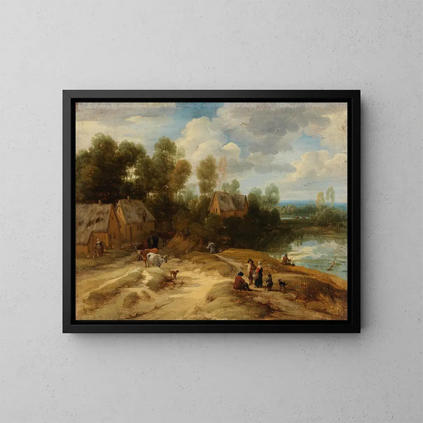 Landscape painting with peasants and livestock - Lodewijk de Vadder — framed artwork on a wall