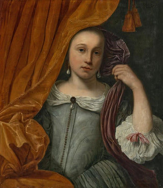 Lodewijk van der Helst - Portrait of a girl peeking out from behind an orange curtain.webp