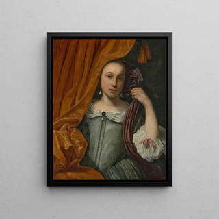Lodewijk van der Helst - Portrait of a girl peeking out from behind an orange curtain.webp