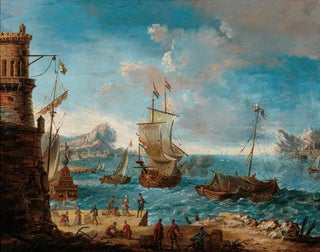 Coastal landscape with figures conversing at a port and ships in the distance - Lodovico Mattioli — artwork view