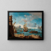 Coastal landscape with figures conversing at a port and ships in the distance - Lodovico Mattioli — framed artwork on a wall