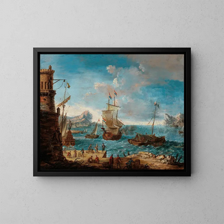 Coastal landscape with figures conversing at a port and ships in the distance - Lodovico Mattioli — framed artwork on a wall