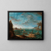 a Coastal landscape with ships and figures - Lodovico Mattioli — framed artwork on a wall