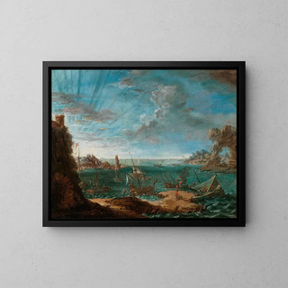 a Coastal landscape with ships and figures - Lodovico Mattioli — framed artwork on a wall