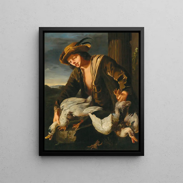 A boy holding two ducks - Lombard School — framed artwork on a wall
