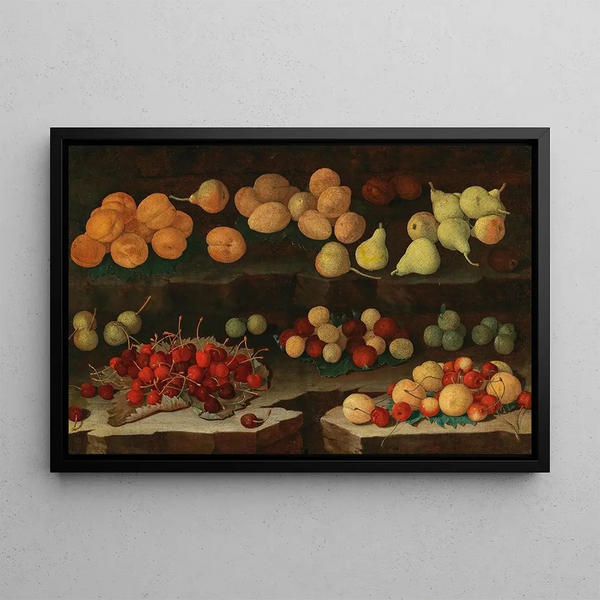 Apricots, Pears, Cherries, and Plums on a Windowsill - Lombard School — framed artwork on a wall