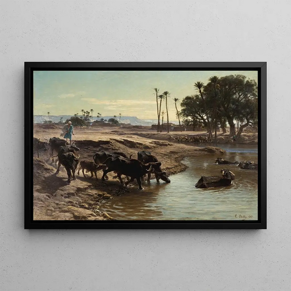 Buffles se baignant dans le Nil - Léon Adolphe Auguste Belly — framed artwork on a wall