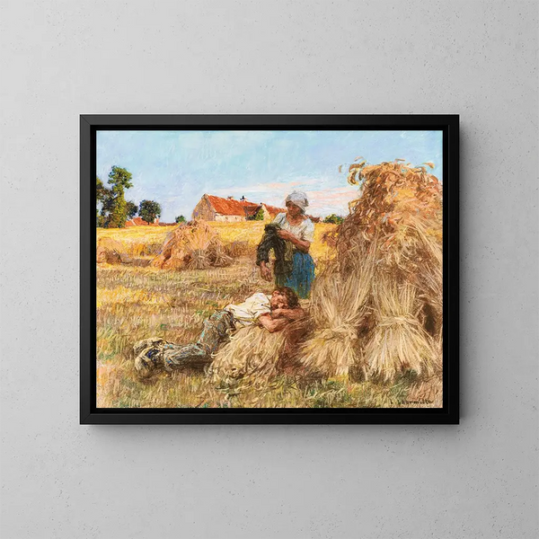 Repos, effet de grand soleil, moissonneur endormi à Mézy - Léon Augustin Lhermitte — framed artwork on a wall