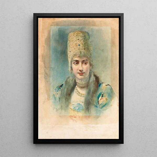 a young girl wearing a kokoshnik and a pearl necklace - Léon Bakst — framed artwork on a wall