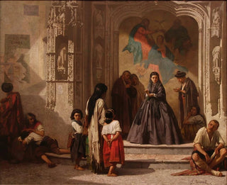 Young woman giving alms at the entrance of the San Sebastián hospital chapel, Córdoba - Léon Bonnat — artwork view