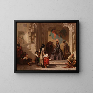 Young woman giving alms at the entrance of the San Sebastián hospital chapel, Córdoba - Léon Bonnat — framed artwork on a wall