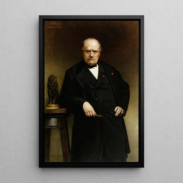 Portrait de Barye avec un modèle en cire de lion assis - Léon Bonnat — framed artwork on a wall