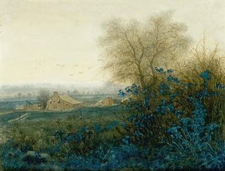 Landscape painting with a farm and a peasant pushing a wheelbarrow - Léon Bonvin — artwork view