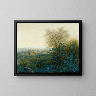 Landscape painting with a farm and a peasant pushing a wheelbarrow - Léon Bonvin — framed artwork on a wall