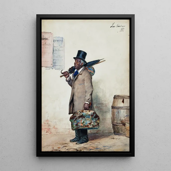 a black man carrying a travel bag returning to Georgia - Léon Delachaux — framed artwork on a wall