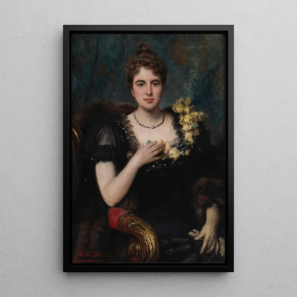 Portrait of a lady in a black dress - Léon Herbo — framed artwork on a wall