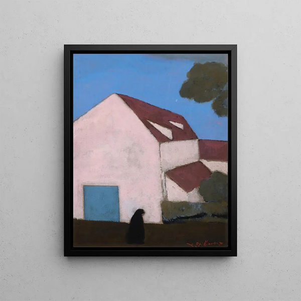Farm, the pink façade, silhouette of woman - Léon Spilliaert — framed artwork on a wall