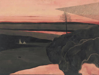 Landscape painting under a twilight red with migratory birds - Léon Spilliaert — artwork view