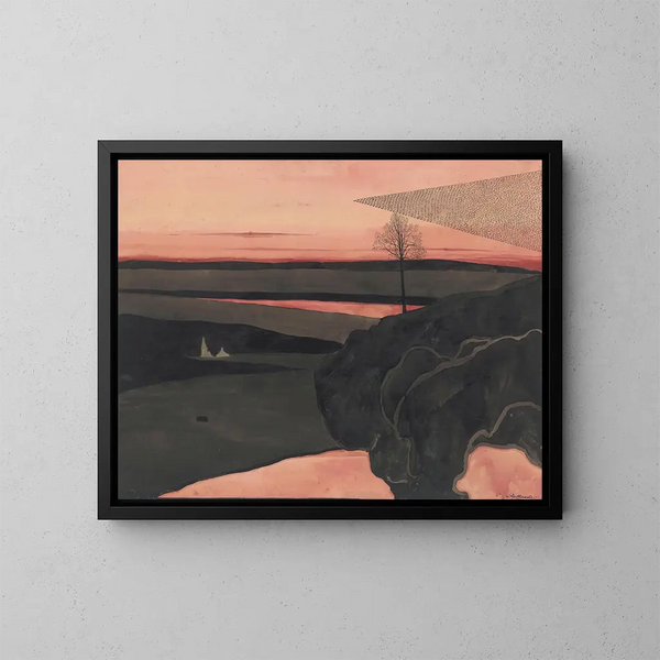 Landscape painting under a twilight red with migratory birds - Léon Spilliaert — framed artwork on a wall