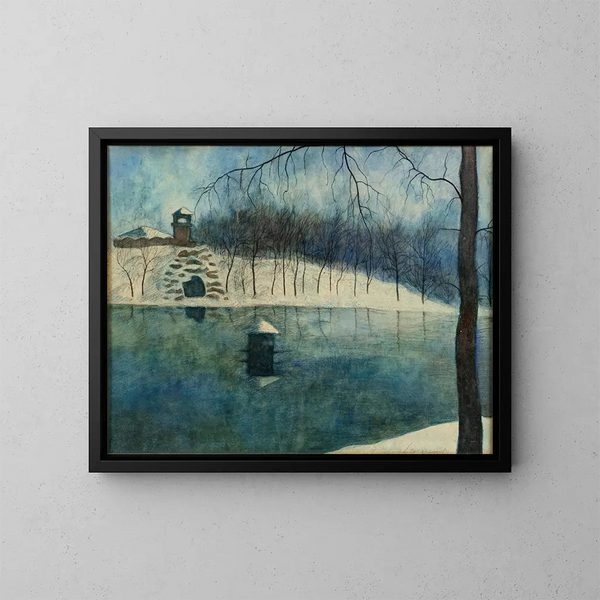 The Leopold Park of Ostend with the pond and the Trinkhall under the snow - Léon Spilliaert — framed artwork on a wall