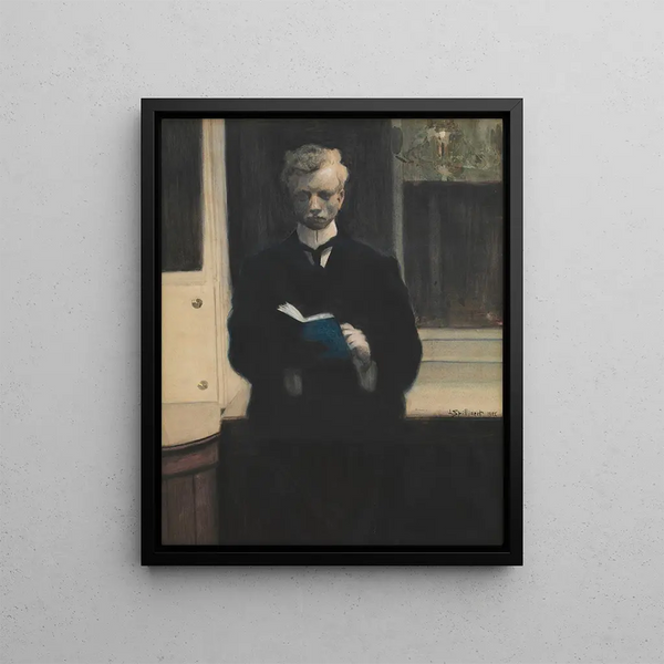 Self-portrait with blue sketchbook - Léon Spilliaert — framed artwork on a wall