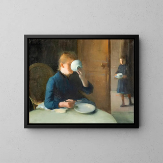 Woman drinking coffee - Léon Étienne Tournes — framed artwork on a wall