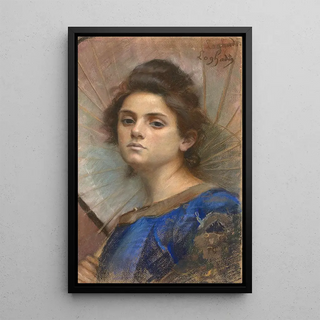 Young woman with umbrella - Lonie De Loghades — framed artwork on a wall