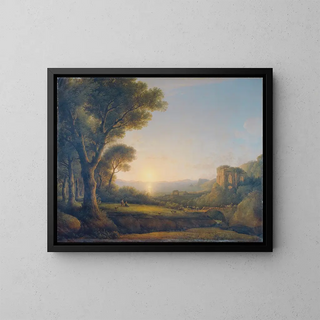 La baie de Baïe au coucher de soleil - Lorenz Adolf Schönberger — framed artwork on a wall