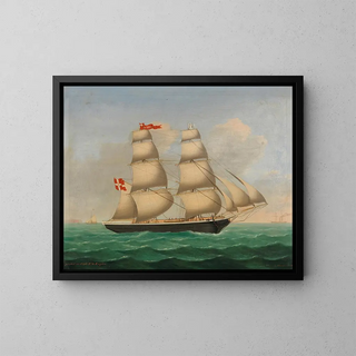 Danish Brig Painting Acmel commanded by Captain NLEngers in front of Helgoland - Lorenz Petersen — framed artwork on a wall
