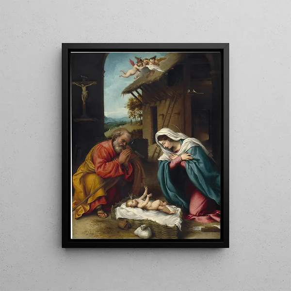 The Nativity - Lorenzo Lotto — framed artwork on a wall
