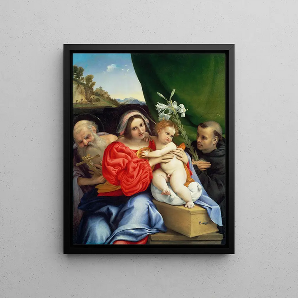Virgin and Child with Saints Jerome and Nicholas of Tolentino - Lorenzo Lotto — framed artwork on a wall