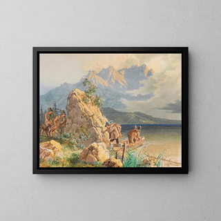 Hunters and poachers at Lake Eibsee near Zugspitze - Lorenzo Quaglio — framed artwork on a wall