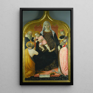 Virgin and Child with Saints Antoine Abbé Marc Séverin and Sébastien - Lorenzo da Sanseverino — framed artwork on a wall