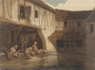 Women bathing in an open hall of a residential complex by the water - Louis-Adolphe Hervier — artwork view
