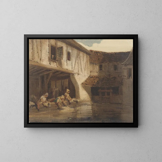 Women bathing in an open hall of a residential complex by the water - Louis-Adolphe Hervier — framed artwork on a wall