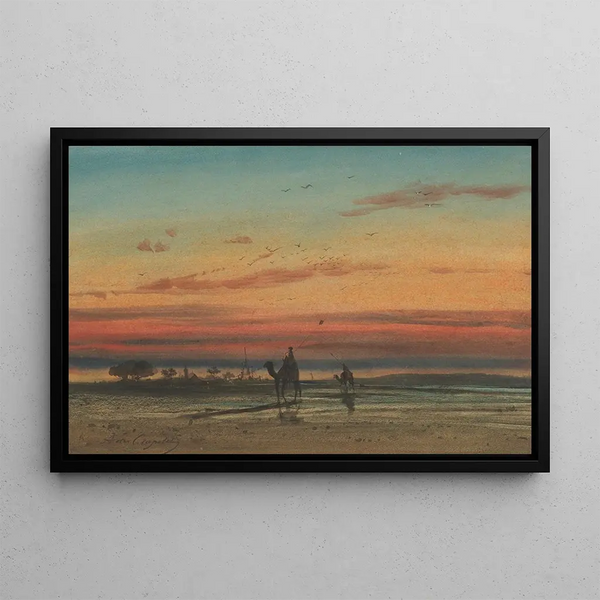 Sunset in Egypt with two Bedouins on camels - Louis-Amable Crapelet — framed artwork on a wall