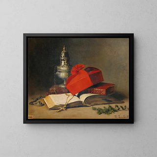 Still life with an incense burner and a cardinal's hat - Louis-Eugène Lambert — framed artwork on a wall