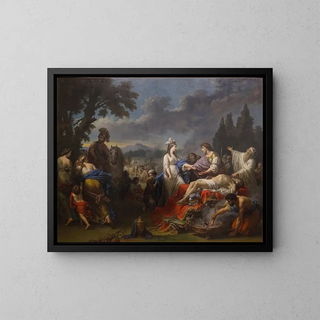 Les deux veuves d'un chef indien se disputant les honneurs du bûcher - Louis-Jean-François Lagrenée — framed artwork on a wall