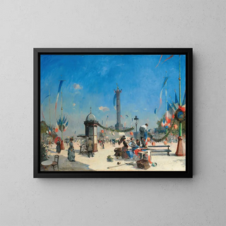 Preparation for the Bastille Day celebrations, Place de la Bastille, Paris - Louis-Jules Dumoulin — framed artwork on a wall