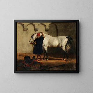 Horse in the Stable - Louis-Théodore Devilly — framed artwork on a wall