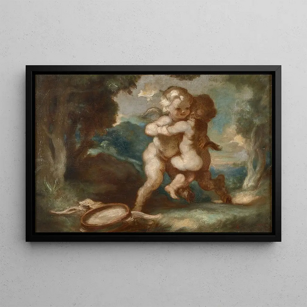 Love Winged Fairy Playing with Young Faun - Louis Anquetin — framed artwork on a wall