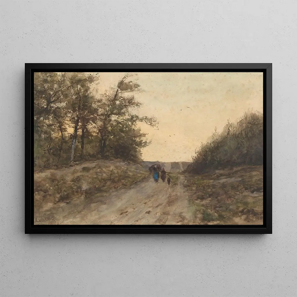 Landscape with figures on a country road - Louis Apol — framed artwork on a wall