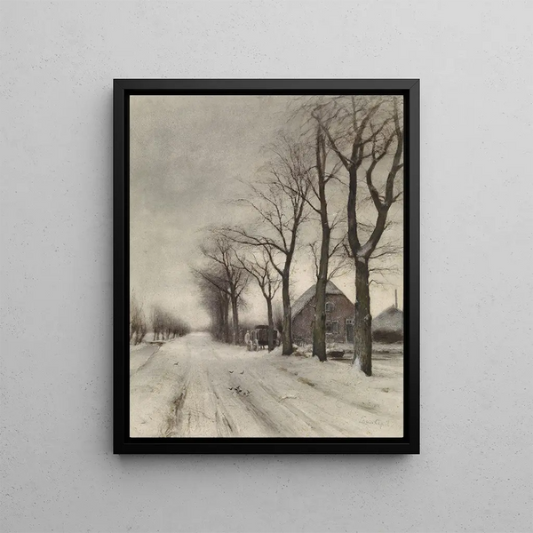 Winter landscape with a farm on an avenue - Louis Apol — framed artwork on a wall
